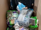 a cardboard box filled with lots of food and drinks