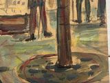 a painting of a man standing under a street sign