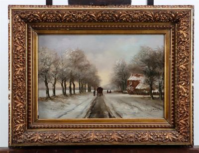 an oil painting of a snowy road with people walking down it