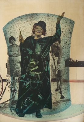 a picture of a woman standing in front of a bicycle