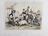 un dessin représentant un homme à cheval, tiré par un chien