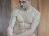 an oil painting of a man in a underwear sitting on a stool