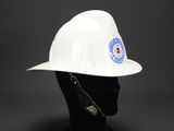 a close up of a white hard hat on a mannequin head
