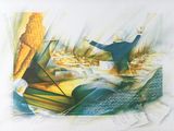 a painting of a man standing in front of a piano