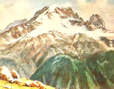 a painting of a mountain with cows grazing in the grass