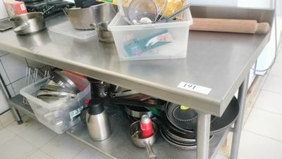 many pots and pans sitting on the kitchen counter