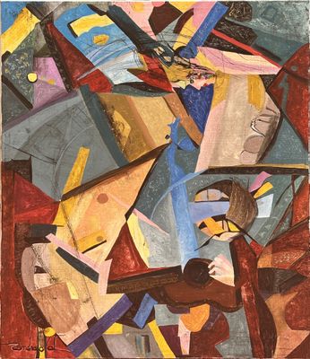 an abstract painting of a man with a guitar and a bird