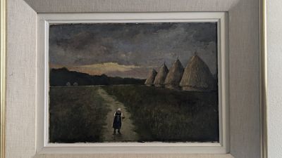 tableau représentant une personne marchant sur un sentier dans un champ