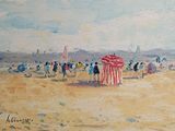 a painting of people on the beach with umbrellas