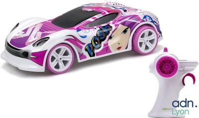 the remote control of a toy car with a pink design on it