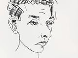 an ink drawing of a woman ' s face with curly hair