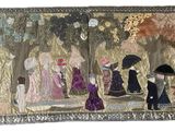 a painting of a group of people walking in a park