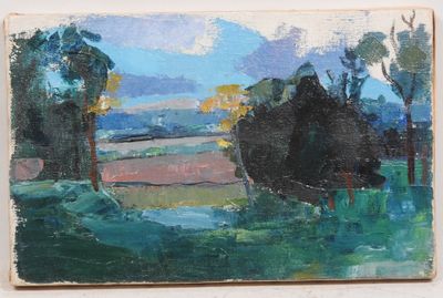 une peinture à l'huile représentant un paysage avec des arbres au premier plan