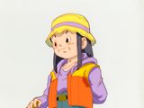 cellule d'animation représentant une jeune fille portant un chapeau et un gilet, tenant une bouteille de bière