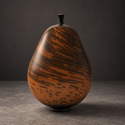 un vase en bois avec un couvercle noir posé sur une table