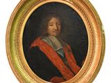 un vieux tableau représentant un homme en manteau rouge, dans un cadre doré
