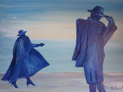 tableau représentant un homme et une femme marchant sur une plage