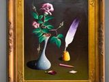 un tableau représentant un vase avec une rose et une plume à côté