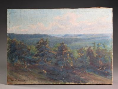 une peinture à l'huile représentant un paysage avec des arbres et des collines au loin