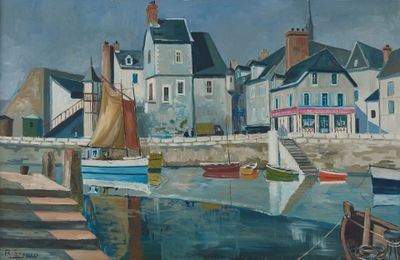 a painting of a harbor scene with boats in the water