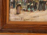 an oil painting of a group of people standing in front of a building