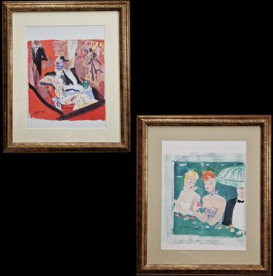 two framed paintings of a woman and a man sitting on a couch