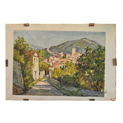 une peinture à l'huile représentant une vue d'une ville avec une montagne en arrière-plan