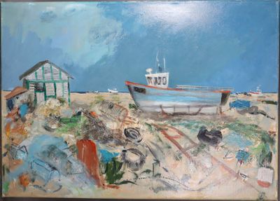 un tableau représentant un bateau sur une plage, avec une maison en arrière-plan