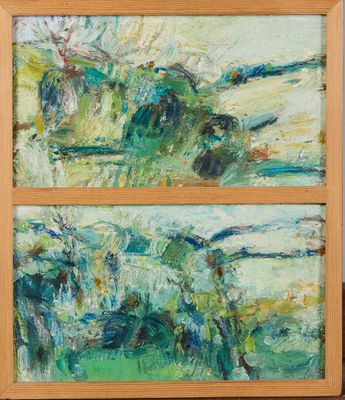 une peinture représentant deux tableaux sur un châssis en bois, dont l'un est vert et l'autre bleu