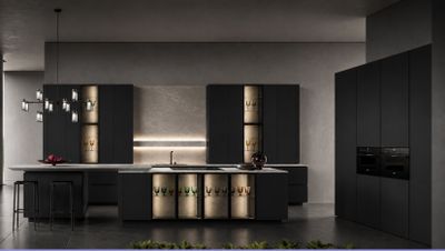 une photo d'une cuisine moderne dans les tons noir et or