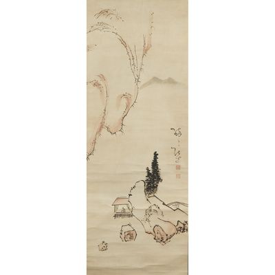 a painting of a bird flying over a mountain with trees