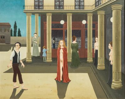une image représentant un tableau où l'on voit une femme en robe rouge et un homme en costume noir