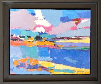 une peinture à l'huile représentant une scène de plage avec de l'eau bleue et des nuages