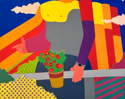 a painting of a man holding a surfboard and a flower pot