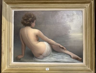tableau représentant une femme nue assise sur une serviette, dans un cadre doré