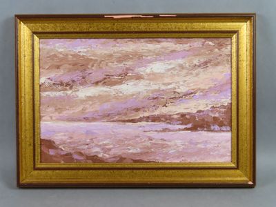 an oil painting of a pink sky with clouds in a gold frame
