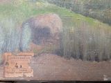 an oil painting of a man sitting in a field next to a sign