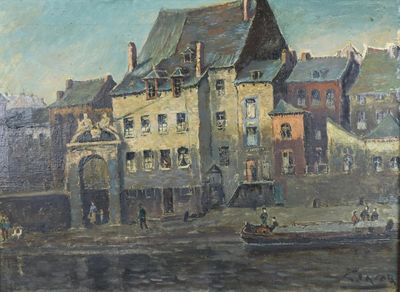 a painting of a building with a boat in front of it