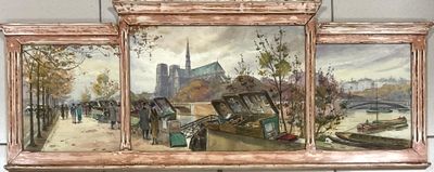 tableau représentant une vue de ville avec un pont en arrière-plan