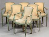 set of six louis xvi style painted and parceled armchairs