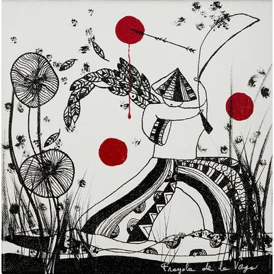 une image représentant un dessin en noir et blanc d'une femme avec un point rouge