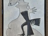 painting of a bird with a crown on it ' s head in a black and white frame
