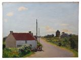 une peinture à l'huile représentant une route de campagne avec un cheval et une calèche garés sur le bord de la route