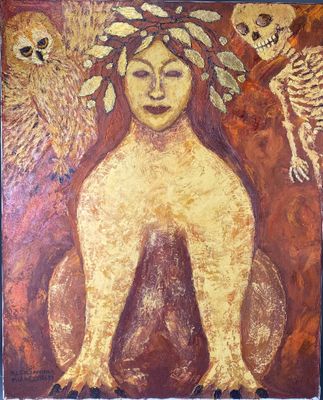 une image représentant un tableau d'une femme avec des crânes sur la tête