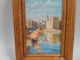 an oil painting of a sailboat on a river with a castle in the background