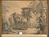tableau représentant un groupe de personnes rassemblées autour d'une calèche