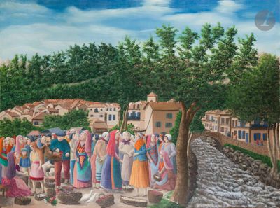 un tableau représentant un groupe de personnes dans un village