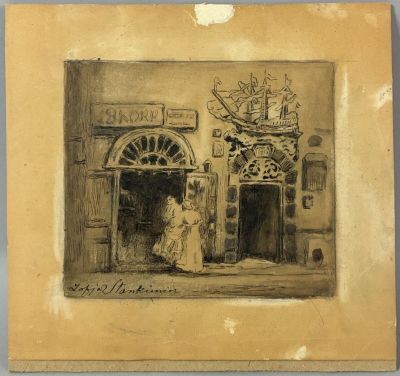 an old drawing of a woman standing in front of a building