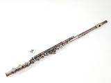 an old silver flute sitting on top of a white surface