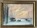 painting of a horse drawn carriage in a snowy landscape with trees